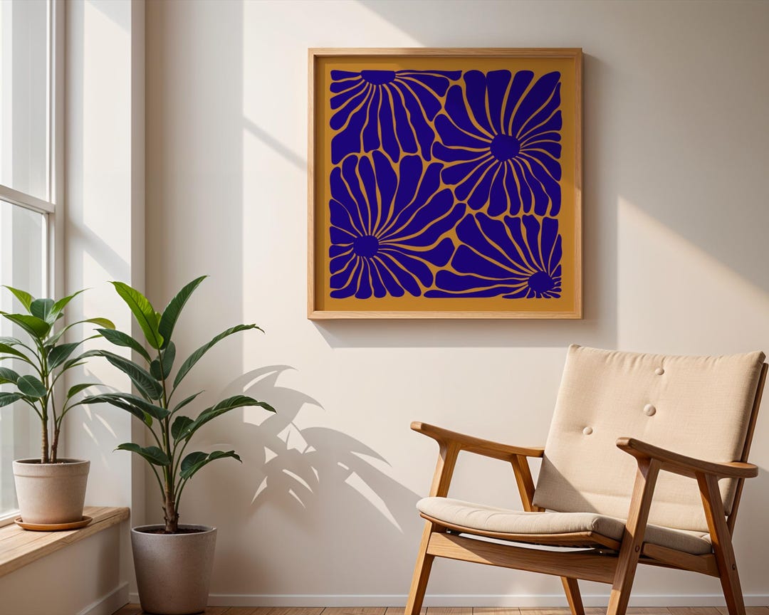 Bold Botanical Mustard Yellow & Blue Abstract Floral Wall Art Printable ...