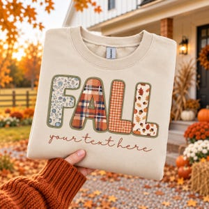 Custom Fall Sweatshirt for women: Autumn Faux Patchwork Vintage Crewneck, Gildan sweatshirt Autumn Host Gift, Comfy Sweatshirt for her