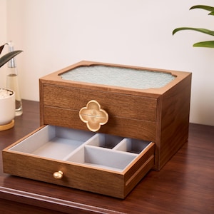 Custom Jewelry Box with Mirror, Engraved Jewelry Storage Box, large jewelry box wood, personalized anniversary gift for her, gift for wife