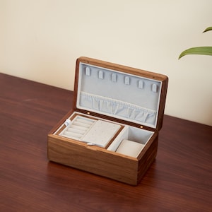 Custom Jewelry Box, Solid Walnut Wood Jewelry Case, Portable Jewelry Organizer Box, handmade jewelry box, personalized birthday gift for her