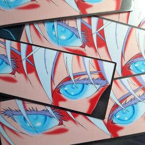 Autocollant en vinyle fait maison avec de beaux yeux et des cheveux argentés, effet étoiles, paillettes, holo transparent, verre brisé, Gojo, Jujutsu Kaisen Anime