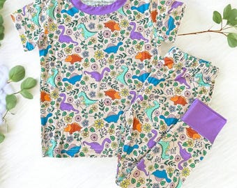 Dino Floral Bamboo Pajamas: Soft, Stretchy Kids PJs