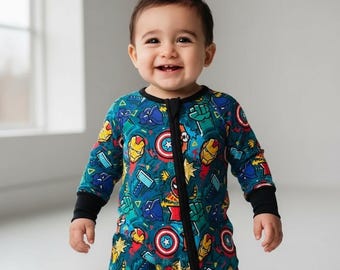 Pigiama da notte per neonati in bambù con motivo supereroe, con doppia cerniera, morbido ed elastico, adatto ai sensi