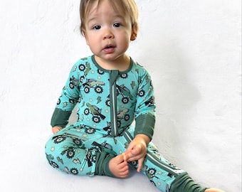 Monster Truck Bamboo Baby Sleeper: Convertible Footie Pajamas