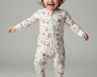Woodland Christmas Bamboo Zipper Sleeper for Babies, Convertible Rompers, Stretchy & Soft