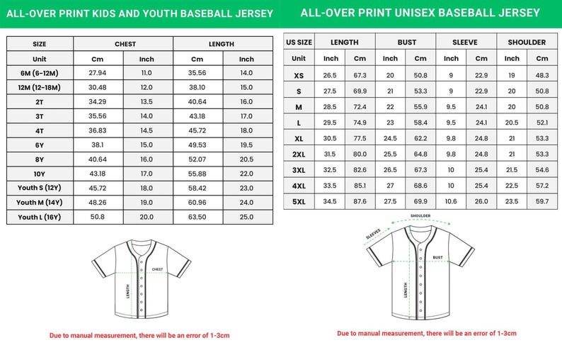 Peut inclure: Tableaux des tailles d&eacute;taill&eacute;s pour les maillots de baseball imprim&eacute;s, y compris les tailles enfants, jeunes et unisexes. Les mesures sont fournies en pouces et en centim&egrave;tres pour la poitrine, la longueur, la manche et l'&eacute;paule. Une erreur de 1 &agrave; 3 cm est possible.