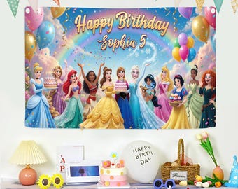 Custom  Princess Birthday Banner Backdrop,  Princess Backdrop, Birthday Banner, Princess Party Backdrop, Princess Party Decor