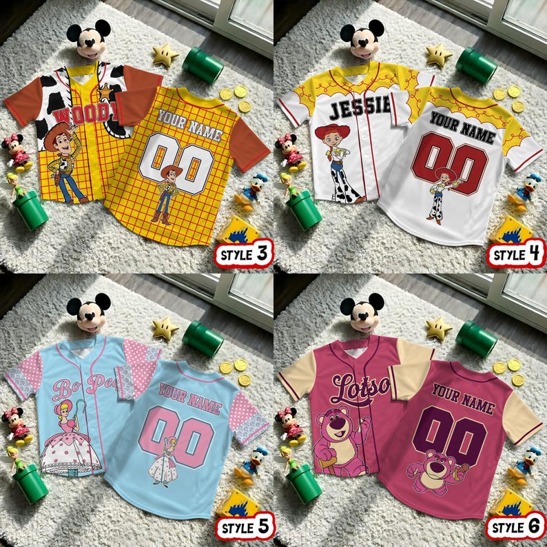 May include: A collection of children's baseball-style shirts featuring characters from the Toy Story franchise. Designs include Woody, Jessie, Bo Peep, and Lotso, with options for personalized names and numbers. Each shirt has a unique color scheme and character graphic.