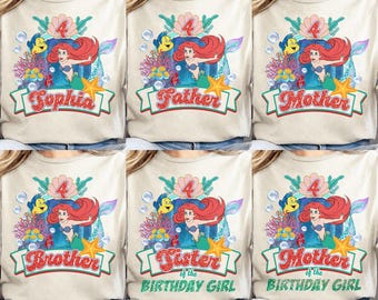 Anpassad Disney Lilla sjöjungfrun prinsessa matchande familjefödelsedagströja, anpassad sjöjungfru prinsessa födelsedagsflicka tema outfit för familj