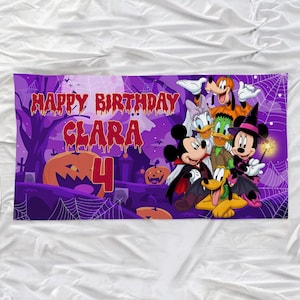 Custom Mickey friends Halloween Birthday Banner, Mickey Birthday Backdrop, Party Banner, Halloween Celebration Decor