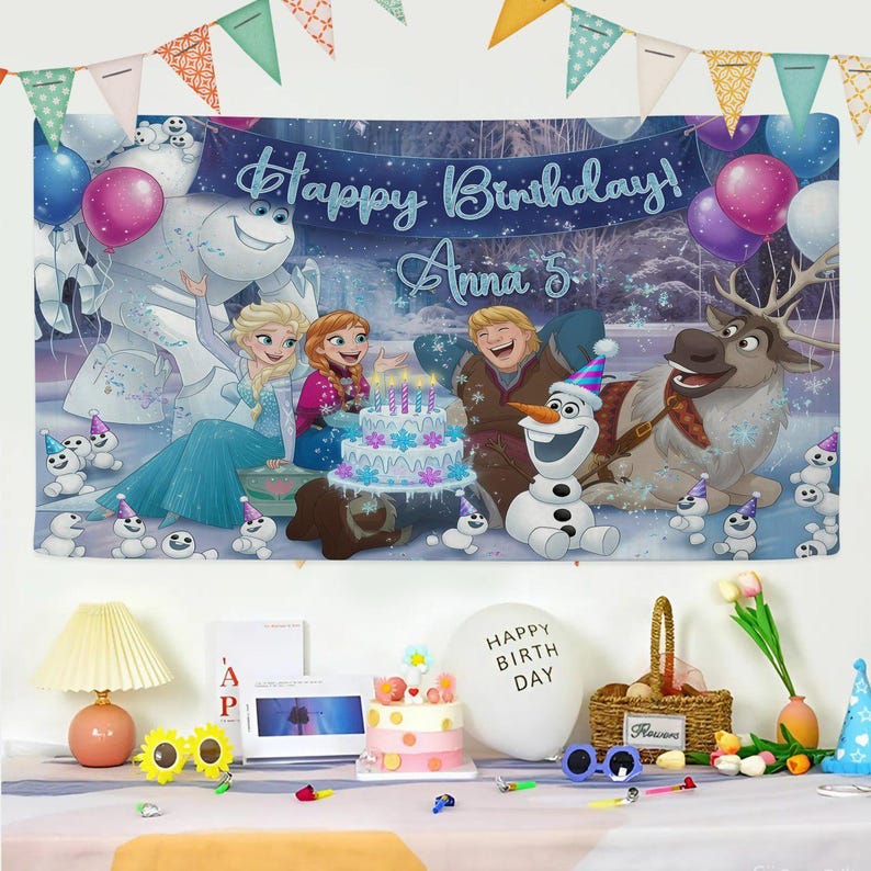 Personalized Elsa Frozen Birthday Hanging, Frozen Birthday Backdrop, Birthday Girl Banner, Princess Party Decor image 1