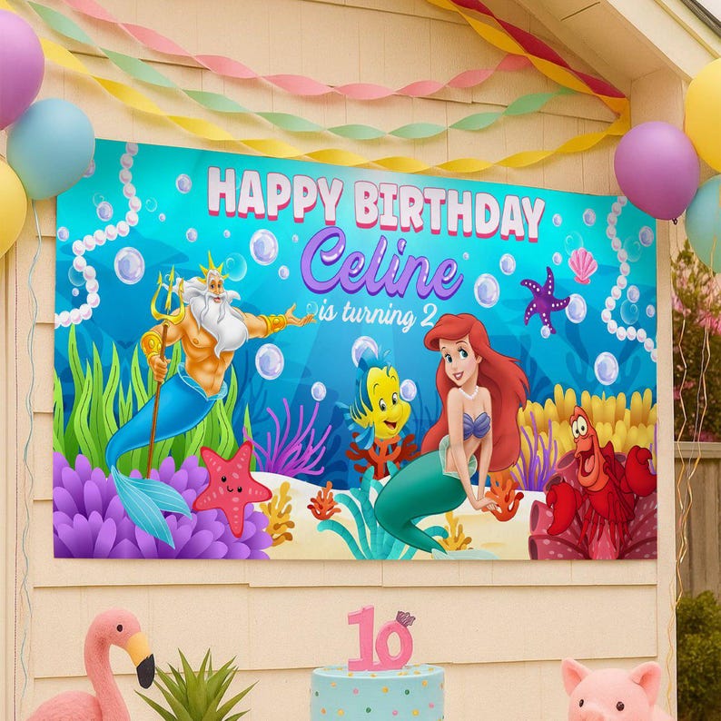 Custom Wdw The little mermaid Ariel Birthday Banner, Princess Birthday Decoration, Ariel Princess Birthday Party Decor image 2
