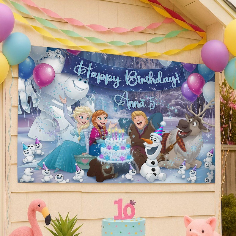 May include: A rectangular birthday banner featuring Frozen characters including Elsa, Anna, Kristoff, Sven, and Olaf. The banner displays the text Happy Birthday and Anna 5 in a blue script font. The scene includes a birthday cake and snowmen.