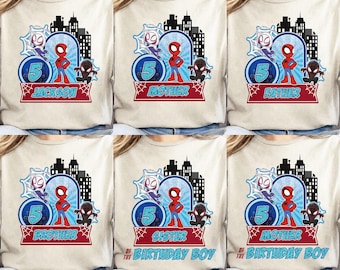 Camiseta personalizada de aniversário do Aranha e seus incríveis amigos, camisetas infantis do Homem-Aranha, camiseta do Aranha, camiseta de aniversariante, camiseta de aniversariante
