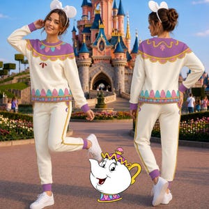 Conjunto de sudadera con capucha y pantalones deportivos de la Sra. Potts de La Bella y la Bestia, atuendo de cosplay de cuento de hadas, look adorable de personaje de cuento para fiestas de Halloween.