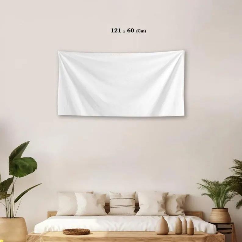 May include: A rectangular white wall tapestry hanging horizontally. The fabric features soft folds and a smooth texture. Above the tapestry, the text 121 x 60 (Cm) is printed in black, indicating the dimensions of the textile wall hanging.
