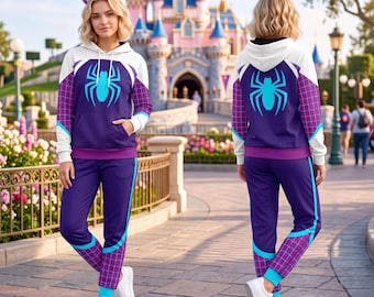 Ghost Spider Girl Halloween Costume, Web Superhero Hoodie and Joggers Set, Pink White Hero Cosplay Outfit, Halloween Party Look