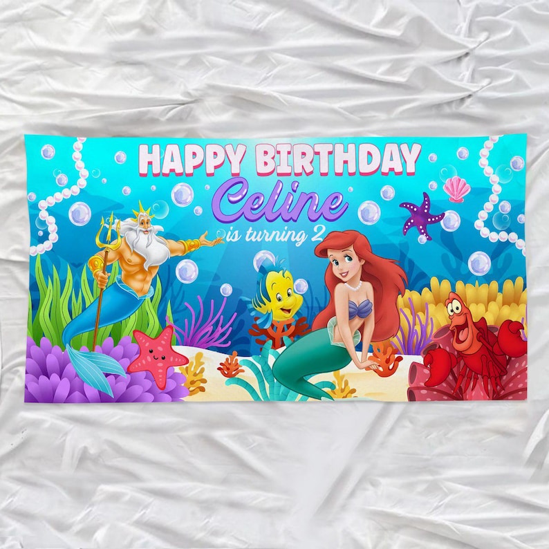 Custom Wdw The little mermaid Ariel Birthday Banner, Princess Birthday Decoration, Ariel Princess Birthday Party Decor image 4