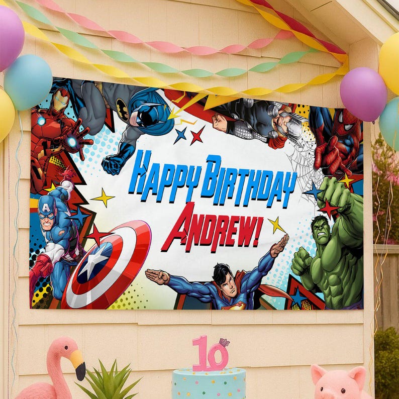 May include: A rectangular birthday banner featuring comic book superheroes including Iron Man, Batman, Thor, Spider-Man, Captain America, and Hulk. The text Happy Birthday Andrew is printed in large blue and red letters across the center.