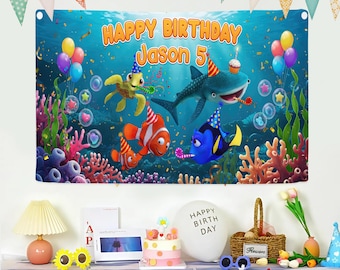 Personalized  Finding Nemo Birthday Hanging, Finding Dory Marlin Nemo Birthday Boy Backdrop, Birthday Girl Banner, Party Decor