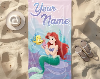 Telo da spiaggia personalizzato con nome della Sirenetta, telo da piscina Ariel Princess Ocean per bambini, regalo personalizzato per le vacanze estive