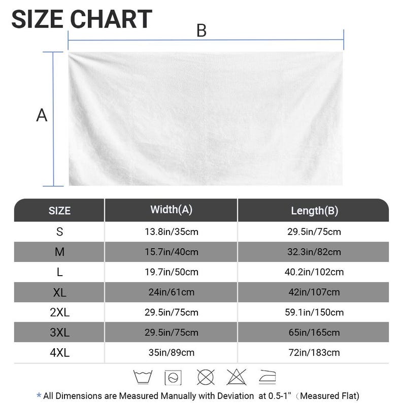 The image is a size chart that provides measurements for different sizes of a fabric or material, such as S, M, L, XL, and 3XL. The chart includes the width (A) and length (B) for each size, along with the corresponding measurements. The chart is designed to help customers determine the appropriate size for their needs.
