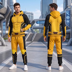 Puede incluir: Un conjunto de sudadera con capucha y pantalones de chándal en amarillo y negro, con un estampado gráfico de armadura segmentada en el pecho, la espalda y las piernas, con un detalle de cinturón oscuro en la cintura y puños acanalados.