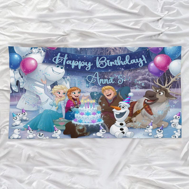 May include: A rectangular birthday banner featuring characters from Frozen, including Elsa, Anna, Kristoff, Sven, and Olaf. The banner displays the text Happy Birthday Anna 5, a multi-tiered cake with lit candles, and various balloons in blue, pink, and white.