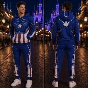 Op de afbeelding: Een blauwe hoodie en bijpassende joggingbroek met een Captain America-ontwerp. De hoodie heeft een witte ster op de borst, rood-witte strepen en een schildafbeelding op de achterkant. De broek is voorzien van witte en rode accenten op de benen.