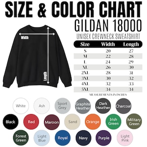 Puede incluir: Una sudadera unisex de cuello redondo Gildan 18000 negra con una tabla de tallas y colores. La tabla muestra las medidas en pulgadas para las tallas S a 5XL. Las opciones de color incluyen negro, rojo y azul marino.