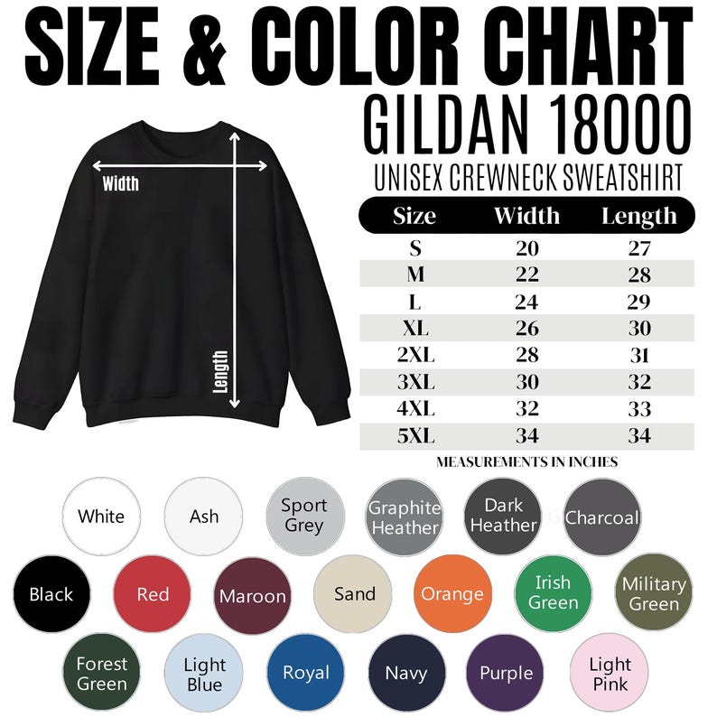 Puede incluir: Una sudadera unisex de cuello redondo Gildan 18000 negra con una tabla de tallas y colores. La tabla muestra las medidas en pulgadas para las tallas S a 5XL. Las opciones de color incluyen negro, rojo y azul marino.