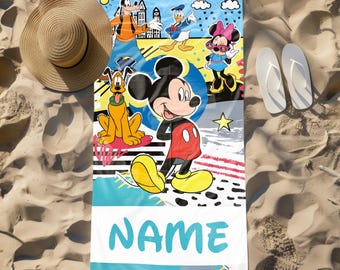 Asciugamano da spiaggia personalizzato con nome di Topolino, asciugamano da piscina estivo con motivo cartone animato Disney, regalo personalizzato per le vacanze in spiaggia