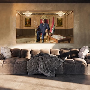 May include: A painting of a man in a suit sitting on a throne with a Syrian flag behind him. He is holding a cigarette in his right hand and a glass of whisky in his left hand. The painting is set in a room with gold trim and a chandelier.