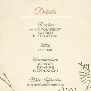 May include: Elegant wedding invitation with the initials "LR" in a script font, and the word "Details" in pink. The invitation includes reception, attire, and accommodation information, along with a website for more details.
