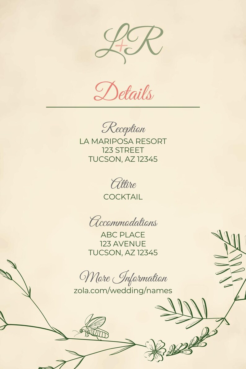 May include: Elegant wedding invitation with the initials "LR" in a script font, and the word "Details" in pink. The invitation includes reception, attire, and accommodation information, along with a website for more details.