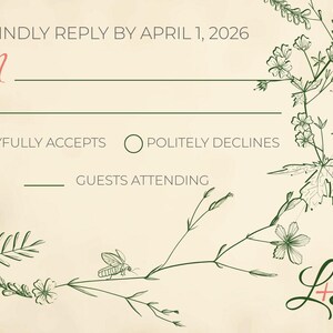May include: Wedding response card with floral and botanical illustrations. The card includes the text "KINDLY REPLY BY APRIL 1, 2026" and prompts for guest attendance. The design features a bee and the initials "LR".