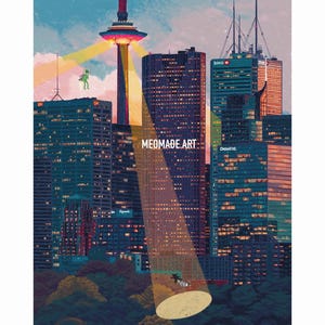 Könnte beinhalten: Illustrierte Stadtlandschaft bei Nacht mit einem hohen Turm und einem Scheinwerfer, der ein Zebra beleuchtet. Ein Alien schwebt in der Nähe des Turms. Das Kunstwerk trägt den Text "MEOMABE.ART" und zeigt Gebäude und Bäume.