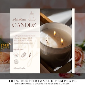 Könnte beinhalten: Eine weiße Kerze mit drei Dochten, die in einem Glasgefäß brennen. Die Kerze steht auf einer Holzoberfläche mit einer rosa Rose im Hintergrund. Der Text "Aesthetic Candle" ist in braunen Buchstaben auf weißem Hintergrund. Der Text "La fragancia natural puede calmar tu mente. Ideal para usar por la noche cuando quieras dormir." ist in braunen Buchstaben auf weißem Hintergrund. Der Text "Ingredientes:" ist in braunen Buchstaben auf weißem Hintergrund. Der Text "@SweetVelaCo" ist in braunen Buchstaben auf weißem Hintergrund.