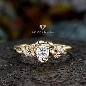 Dainty Nature Inspired Round Shape Moissanite Floral Engagement Ring Yellow Gold Leaf Wedding Ring Rose Flower Promise Ring for Women her