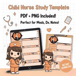 Peut inclure: Un modèle d'étude Chibi Nurse numérique avec une illustration de dessin animé d'infirmière. Le modèle comprend des fichiers PDF et PNG, parfait pour les notes médicales. Le design présente une tablette et un presse-papiers avec un personnage d'infirmière et le texte "Téléchargement instantané".