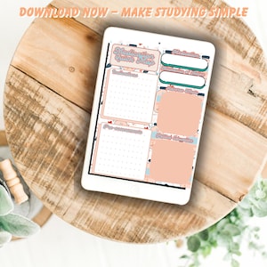 May include: A white tablet displaying a digital planner with a peach, blue, and teal color scheme. The planner includes sections for medication, indications, and patient education. Text on the screen reads "DOWNLOAD NOW - MAKE STUDYING SIMPLE."
