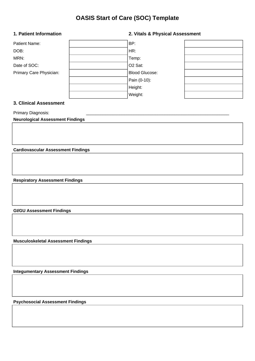 OASIS Start of Care Template for Home Health Nurses | Printable PDF ...