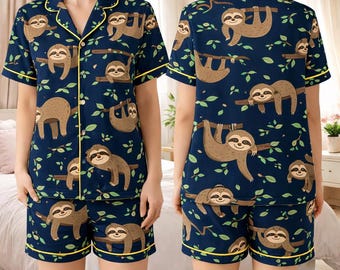 Conjunto de pijama de satén con estampado de perezoso, pijama de perezoso dormilón, pijama bonito para mujer, regalo para amantes de los perezosos, pijama de perezoso, pijama para amantes de los animales