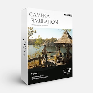 May include: A white box with the text "Camera Simulation" in black. The box features a photo of a lake with a wooden gazebo and a person standing on a wooden walkway. The text "CSP" is on the side of the box. The text "7 Tones" and "Recommended for beginner Lightroom users" is at the bottom of the box.