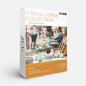 May include: A box of Lightroom presets for editing photos of cafes and coffee. The box features a photo of a Parisian cafe with people sitting at tables. The text on the box reads "Cafe & Coffee Collection" and "CSP".