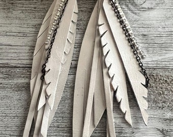 Long leather earrings, feather style leather earrings, tassel earrings, boho earrings, leather earrings