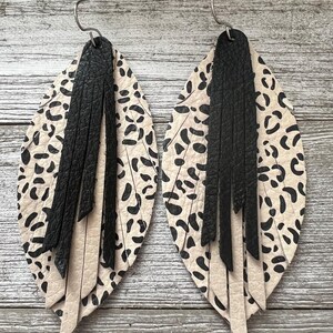 Leather earrings, fringe leather earrings, tassel leather earrings, teardrop leather earrings, animal print, earrings