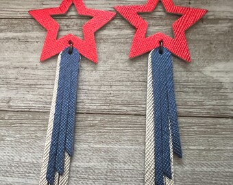 Leather earrings, Star earrings, long leather earrings, tassel earrings, 4th of July earrings, Memorial Day earrings