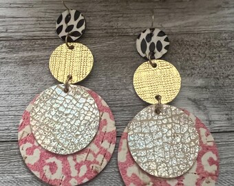 Leather earrings, cork earrings, round leather earrings, round dangle earrings, long earrings, statement earrings, metallic earrings