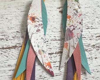 Leather earrings, long leather earrings, leather hoop earrings, layered leather earrings, fringe leather earrings, colorful earrings
